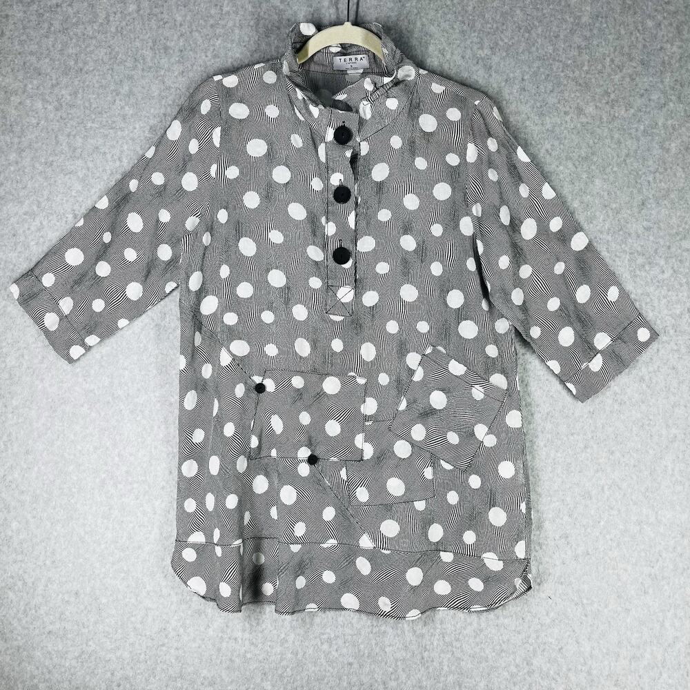 Terra SJ Polka Dot Tunic Top S Artsy Lagenlook Boho Pocket Stripe Cotton